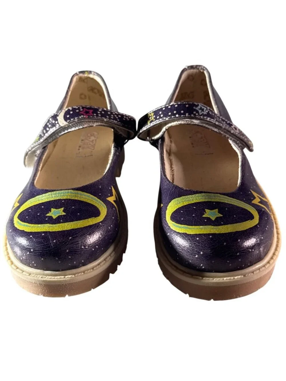GOBY Girl's Navy Blue Star Design Mary Jane Shoes Adjustable Strap Rubber Soles